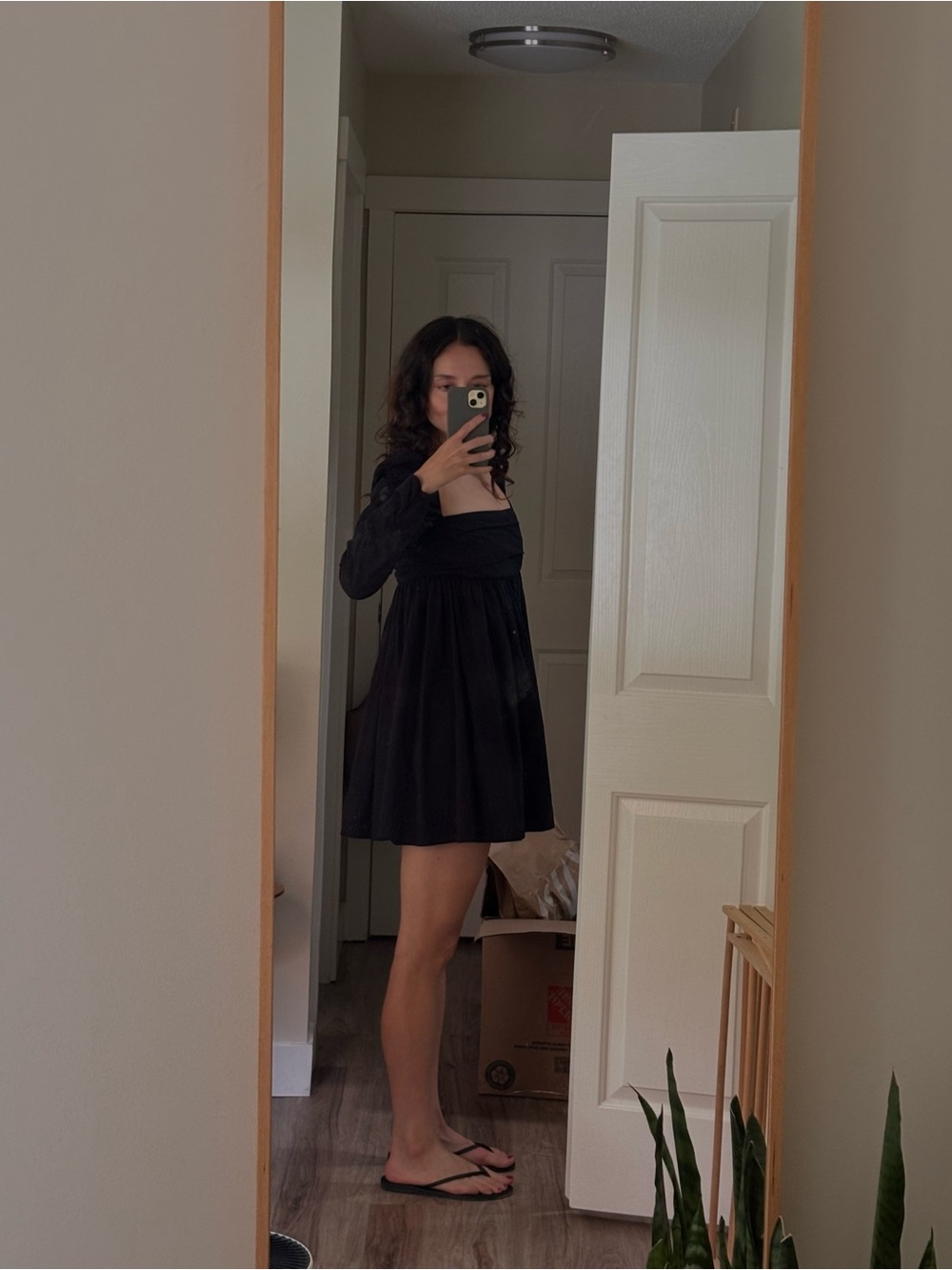 Reformation Black Long-Sleeve Square-Neck Mini Dress - Picture 1 of 3